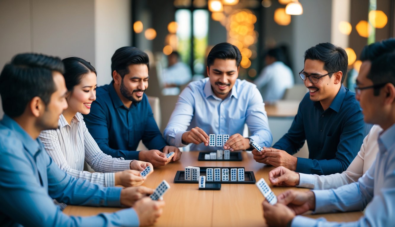 Sekelompok orang duduk di sekitar meja, masing-masing memegang sekumpulan ubin mirip domino, dengan ekspresi serius saat mereka bermain ceme online