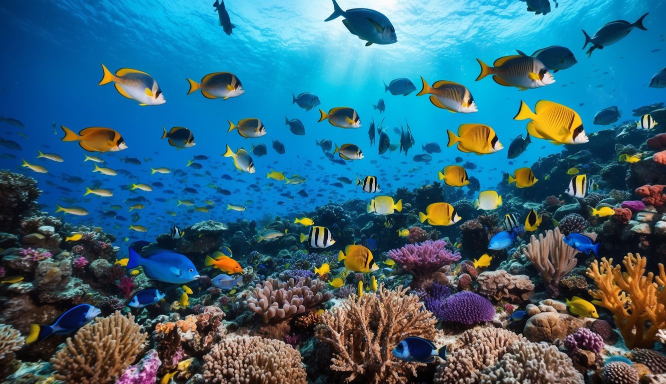 Sebuah dunia bawah laut yang ramai dengan ikan berwarna-warni, terumbu karang, dan berbagai makhluk laut, dikelilingi oleh suasana yang cerah dan hidup