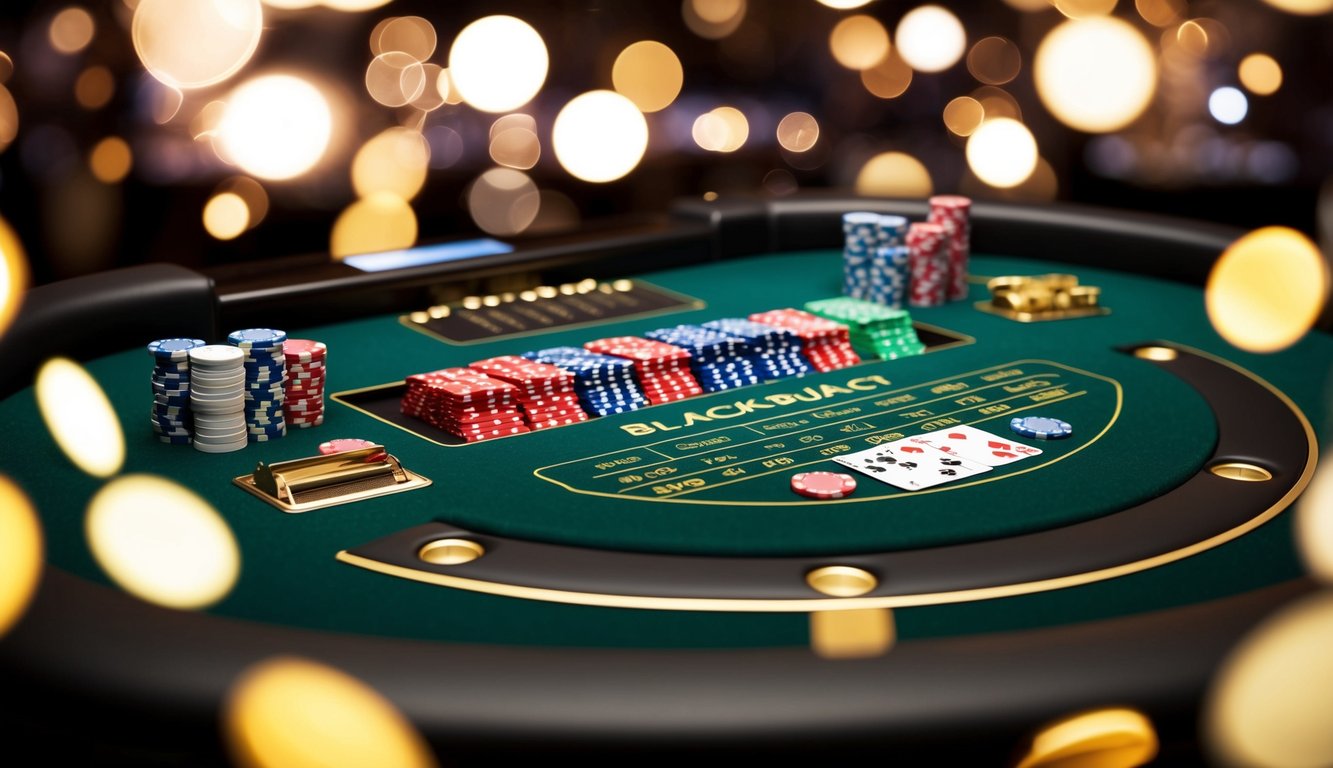 Sebuah meja blackjack digital dengan kartu dan chip, dikelilingi oleh latar belakang kasino virtual