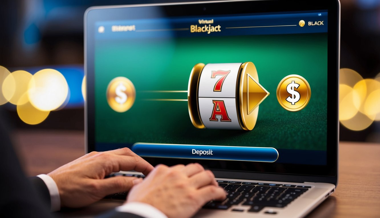 Sebuah layar digital menampilkan permainan blackjack virtual dengan tombol deposit yang berdenyut dan antarmuka yang ramping