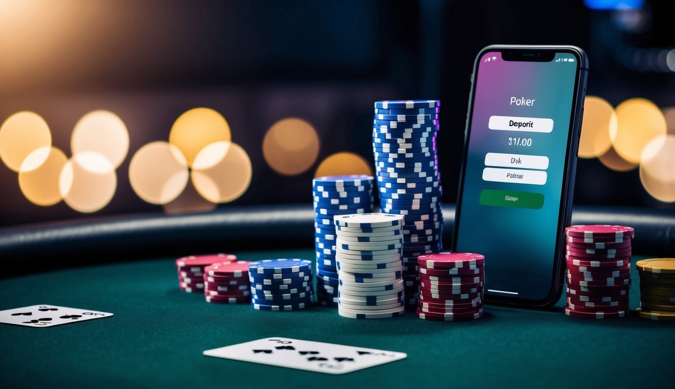 Sebuah meja poker dengan tumpukan chip, kartu permainan, dan ponsel dengan layar setoran terbuka