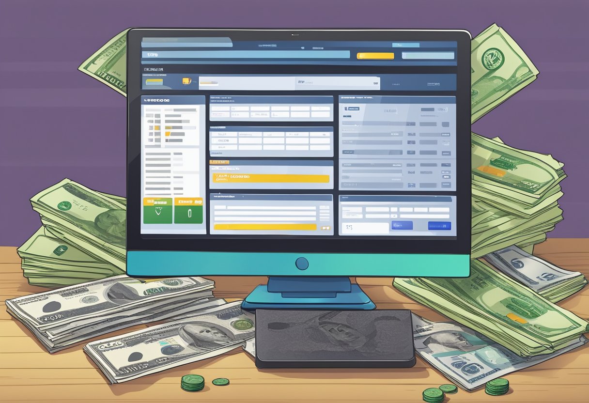 A computer screen displaying a sports betting website with a credit card and a pile of cash next to it