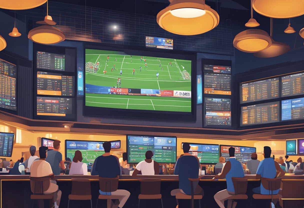 A crowded sports bar with multiple screens showing live events and odds boards for online sports betting