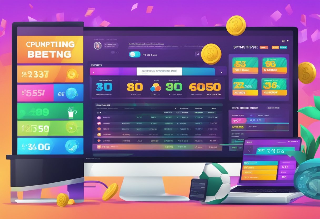 A computer screen displaying sports betting promotions and bonuses with a colorful and dynamic background