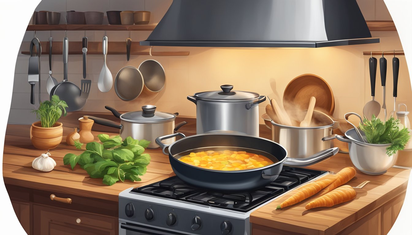 A cozy kitchen with a variety of fresh ingredients and cooking utensils laid out on a wooden countertop, with a warm, inviting glow from the stove and a steaming pot on the burner