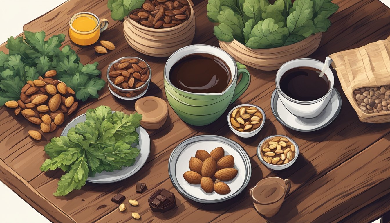 A cozy kitchen with a variety of ingredients like nuts, leafy greens, and dark chocolate laid out on a wooden table, with a warm mug of tea nearby