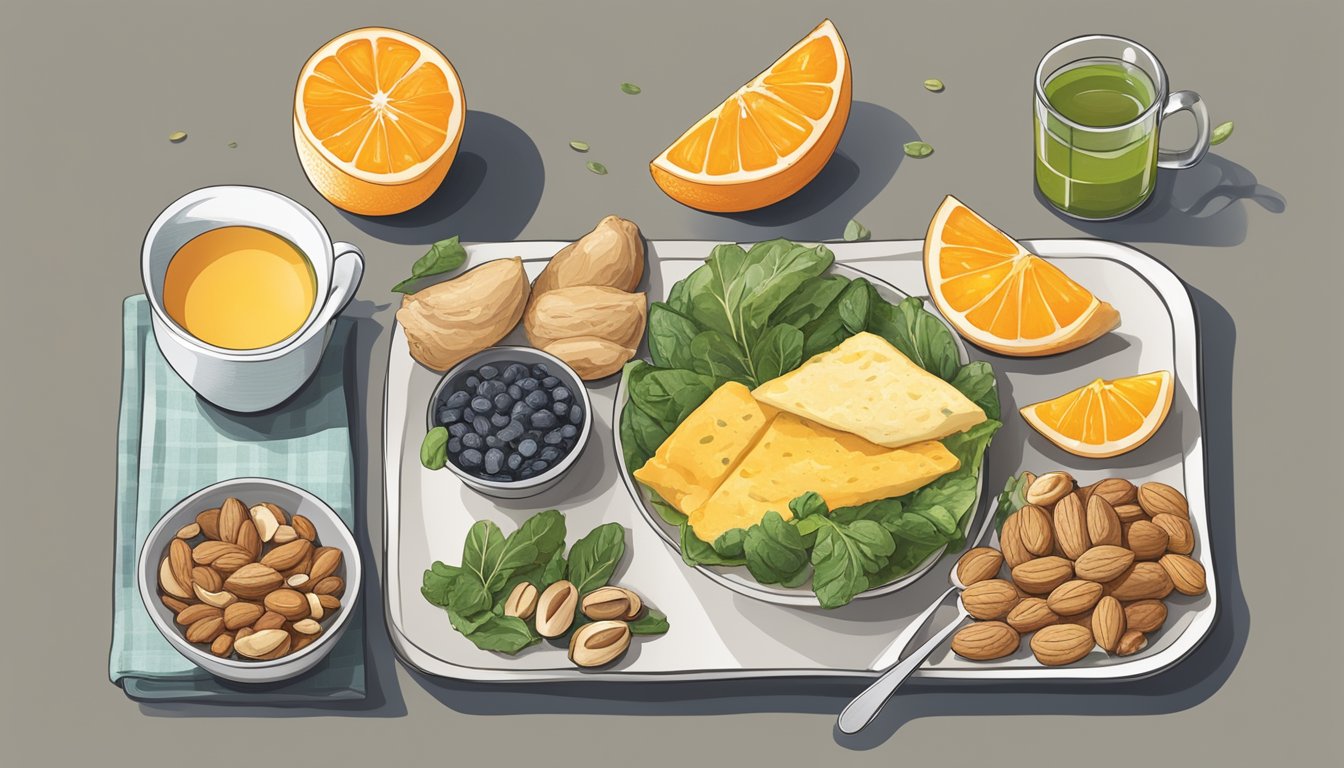 A table set with a variety of breakfast foods rich in magnesium, such as nuts, seeds, leafy greens, and whole grains, accompanied by a glass of orange juice and a cup of herbal tea