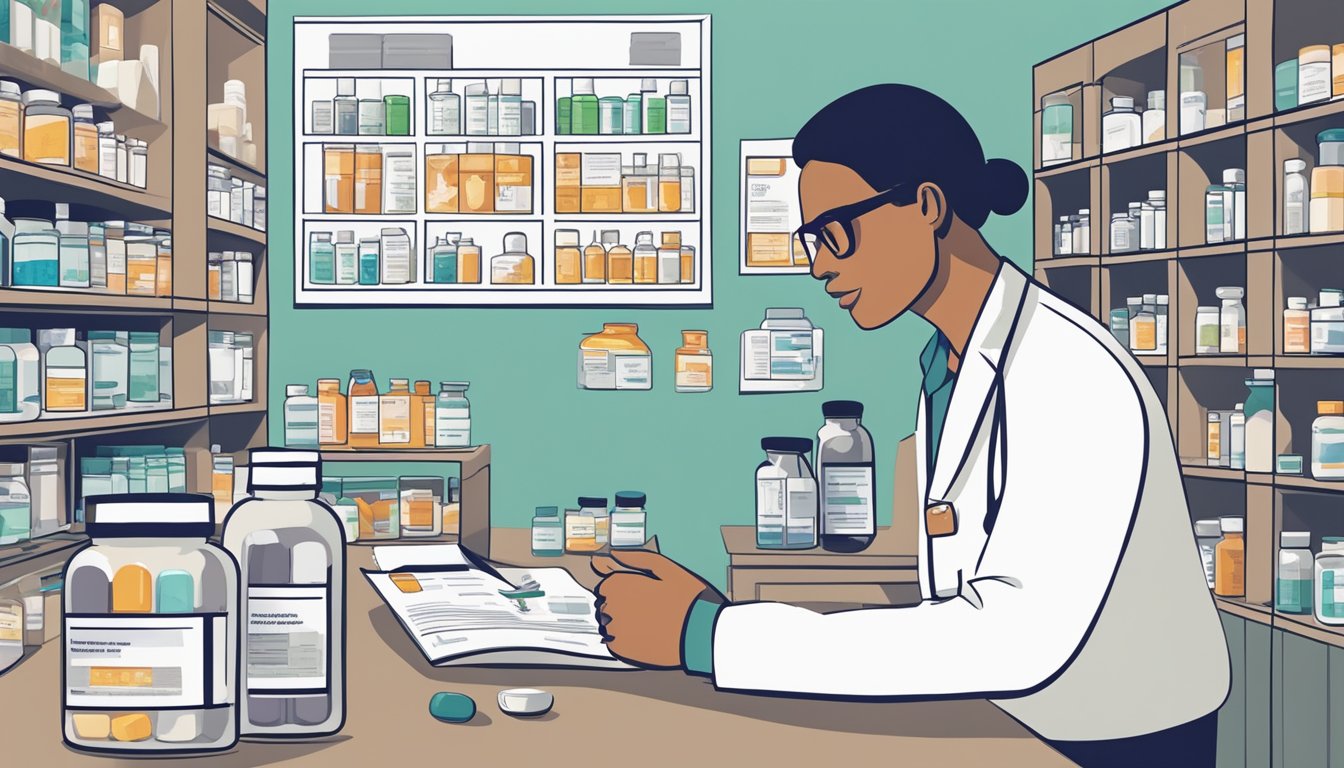 A pharmacist counseling a customer on magnesium supplements, surrounded by various prescription medication bottles and a chart of potential drug interactions