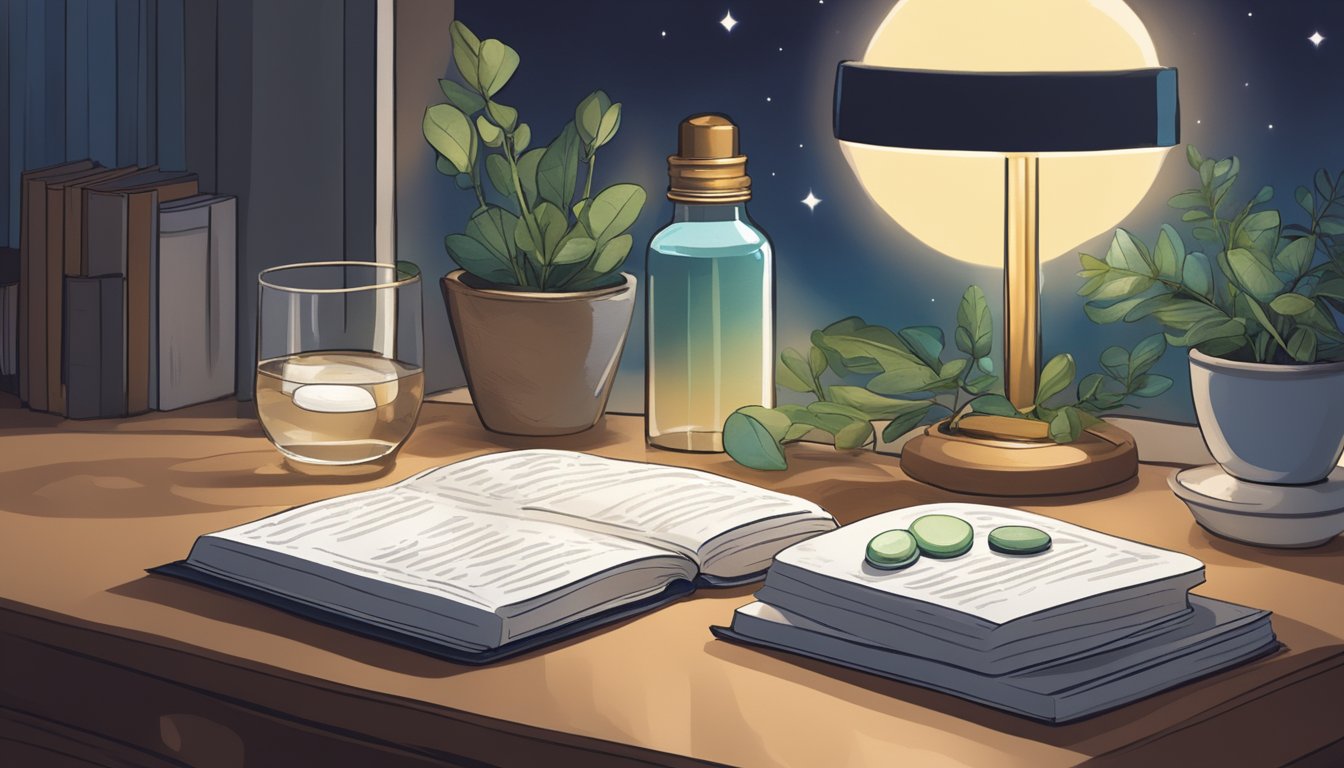 A serene nighttime scene with a bottle of magnesium supplements next to a glass of water on a bedside table, surrounded by calming elements like a book, a plant, and a dim lamp