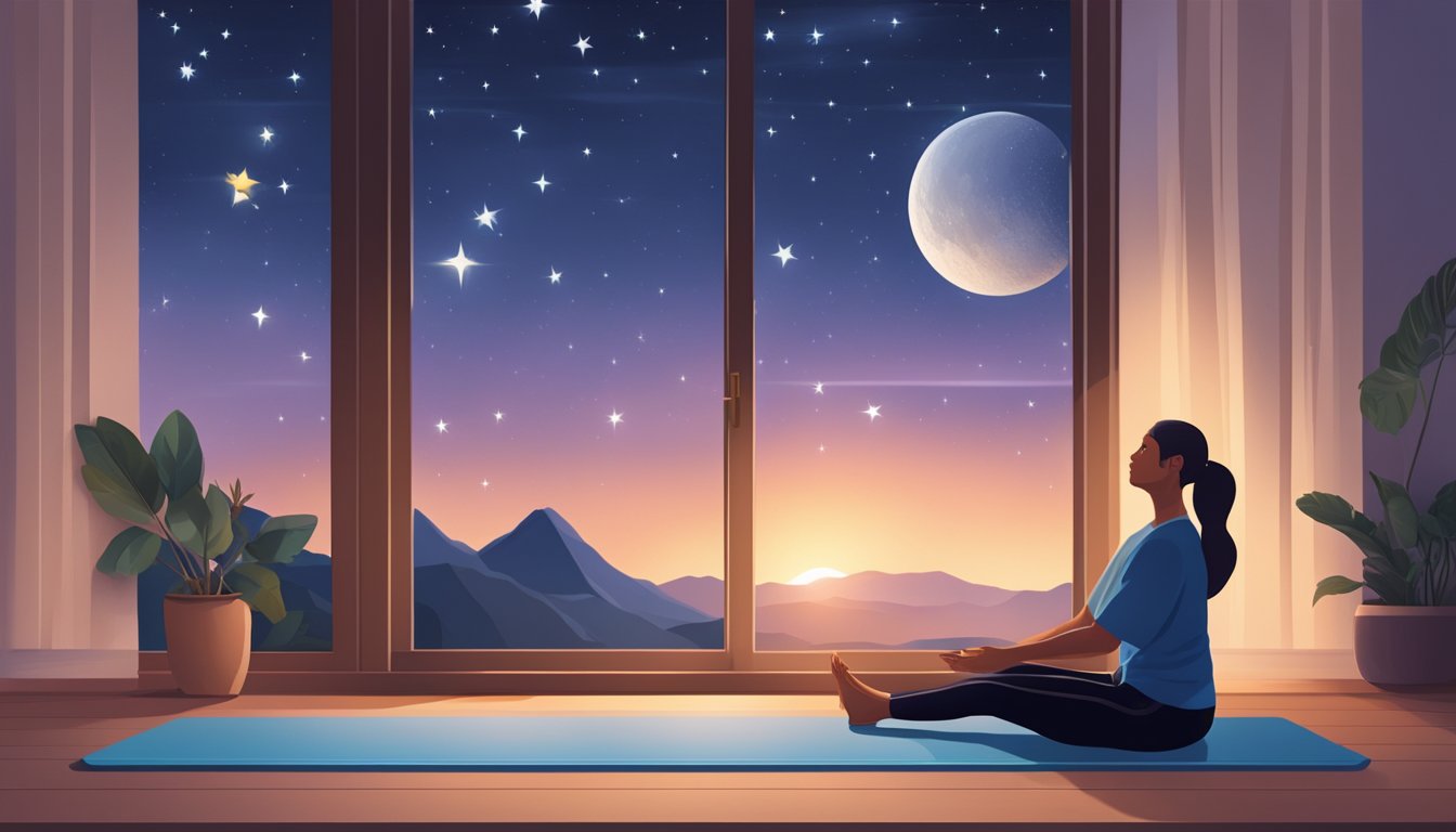 A person stretching on a yoga mat with a bottle of magnesium supplements nearby, while a peaceful night scene with stars and a crescent moon is visible through a window