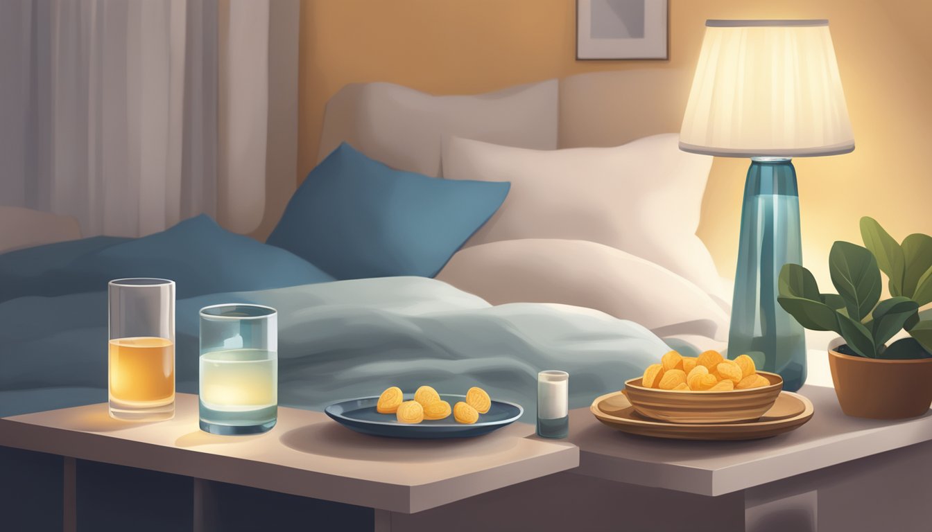 A tranquil bedroom with a dimly lit lamp, a cozy bed, and a small table with a glass of magnesium-rich water and a bowl of magnesium-rich snacks