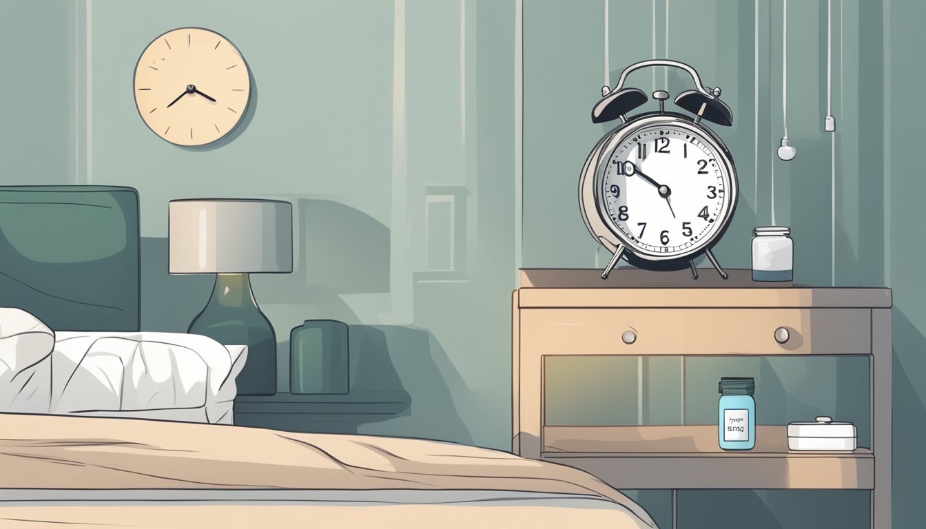 A serene bedroom with a nightstand holding a bottle of magnesium supplements, a glass of water, and a clock showing the optimal time for intake before bedtime