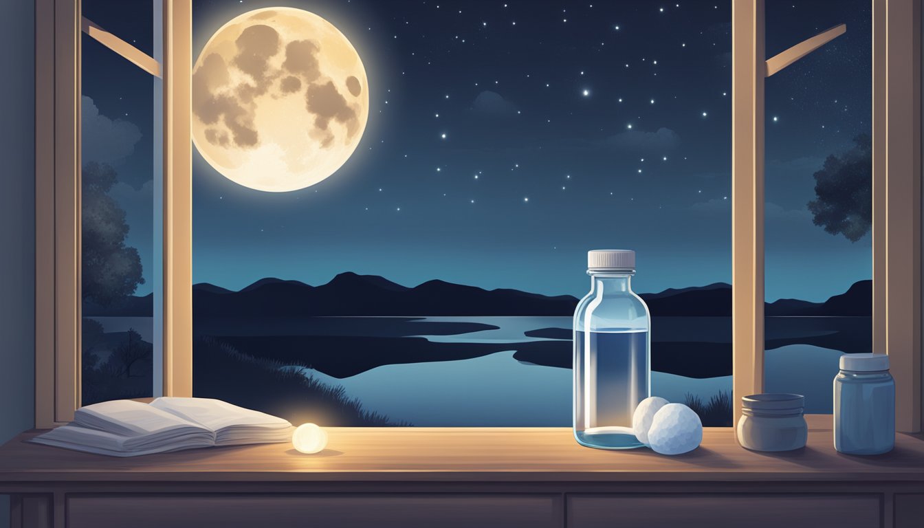 A serene night sky with a full moon casting a soft glow on a peaceful landscape. A bottle of magnesium supplements sits on a bedside table, next to a glass of water