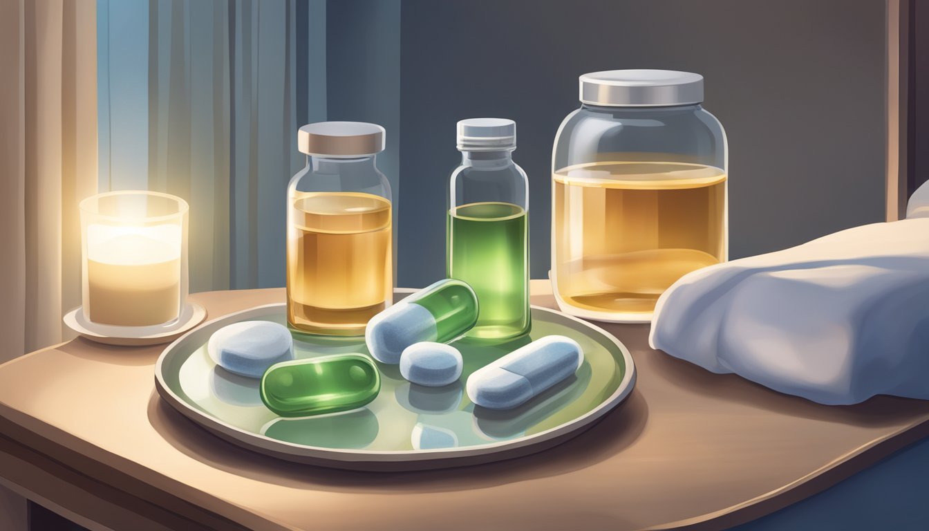 A serene evening scene with a dimly lit bedroom and a small dish of magnesium supplements placed on a bedside table, next to a glass of water