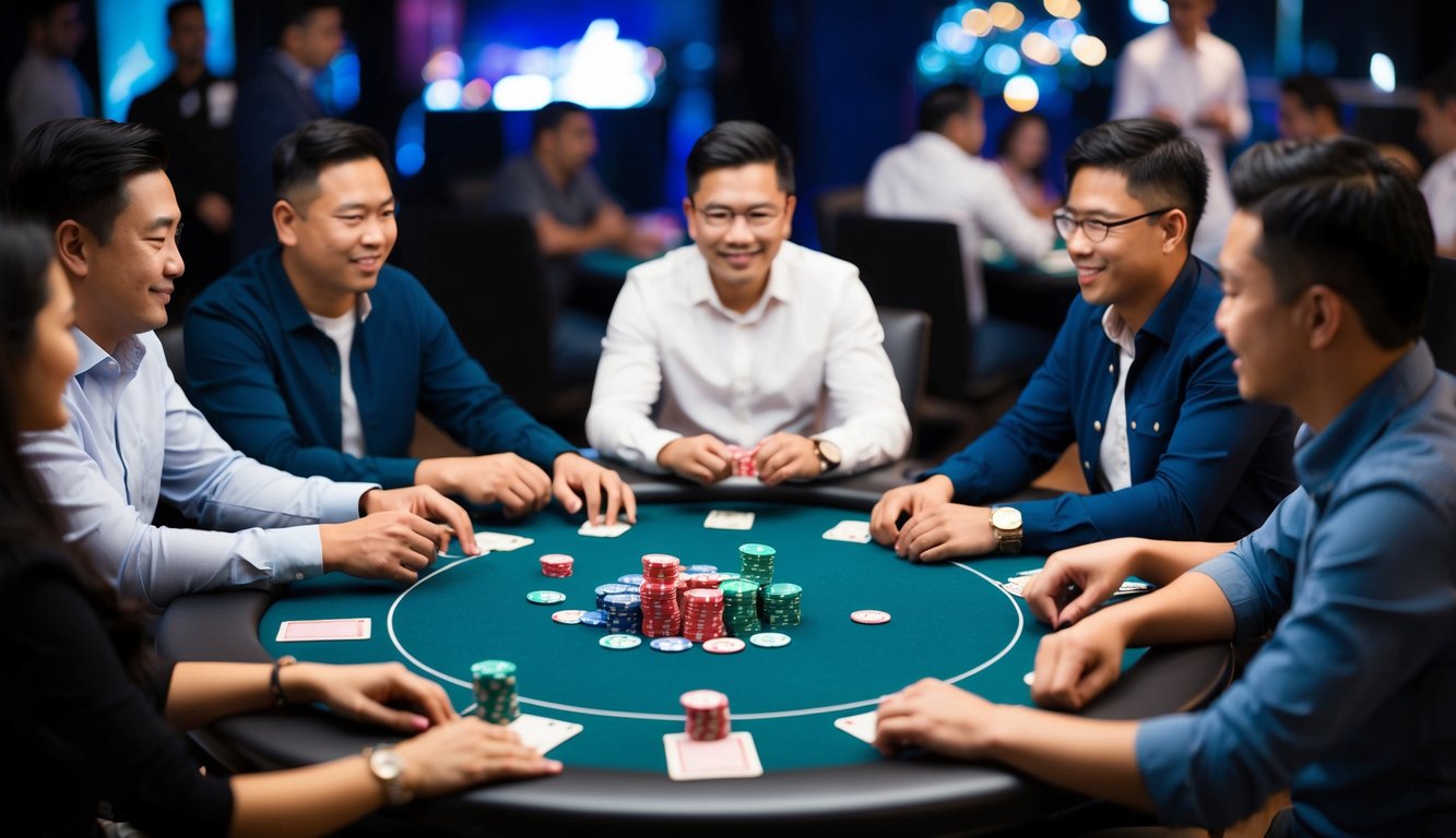 Sekelompok orang duduk di sekitar meja, bermain permainan Agen Ceme Online Resmi, dengan chip poker dan kartu berserakan di atas meja