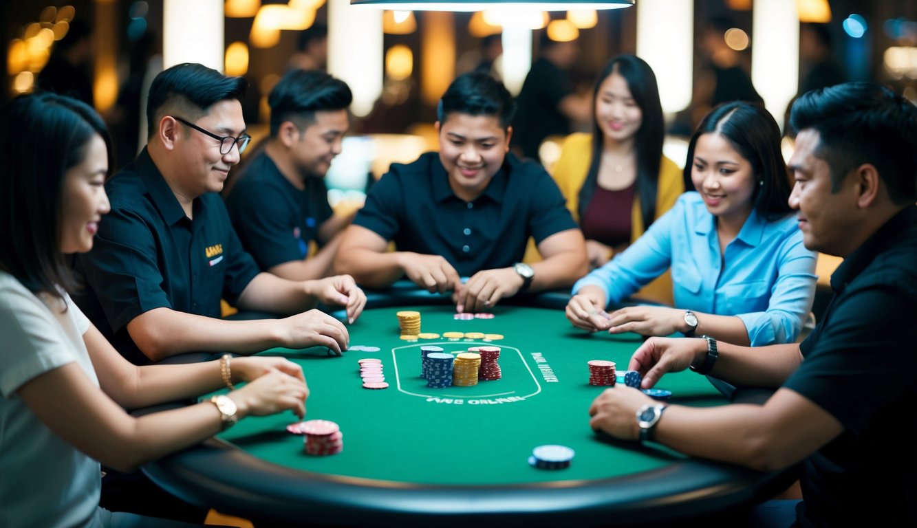 Sekelompok orang duduk di sekitar meja, bermain permainan Ceme Online Uang Asli dengan chip poker dan kartu