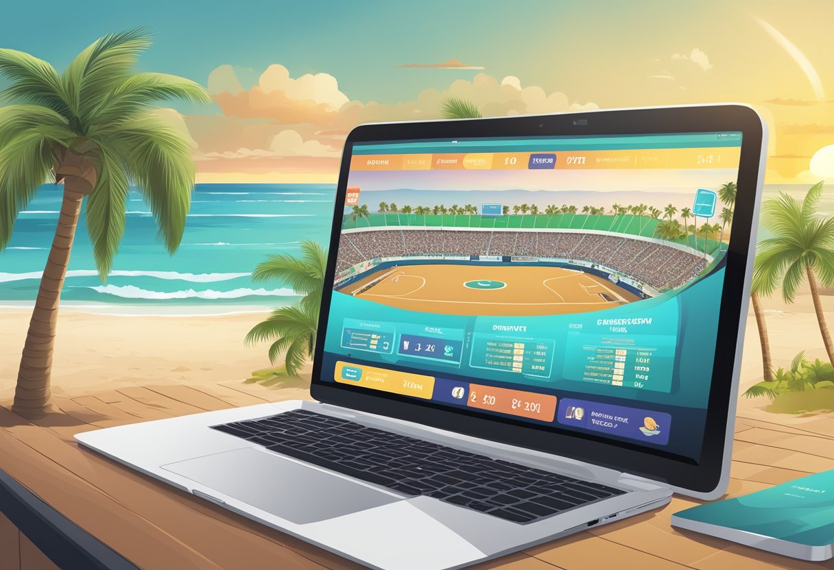 A computer screen displaying various sports events with a betting interface, surrounded by palm trees and a sunny beach backdrop in Florida