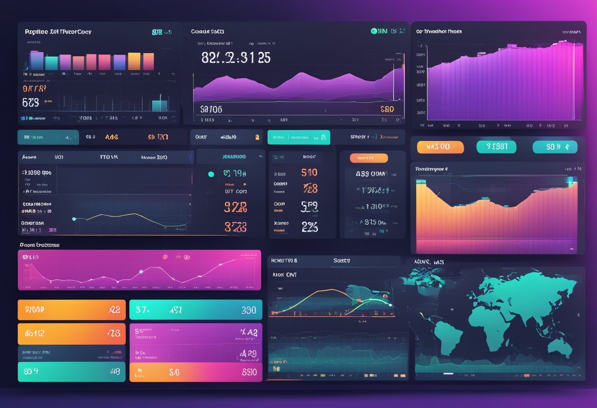 A vibrant digital interface displaying sports events and betting options, with charts and statistics in the background