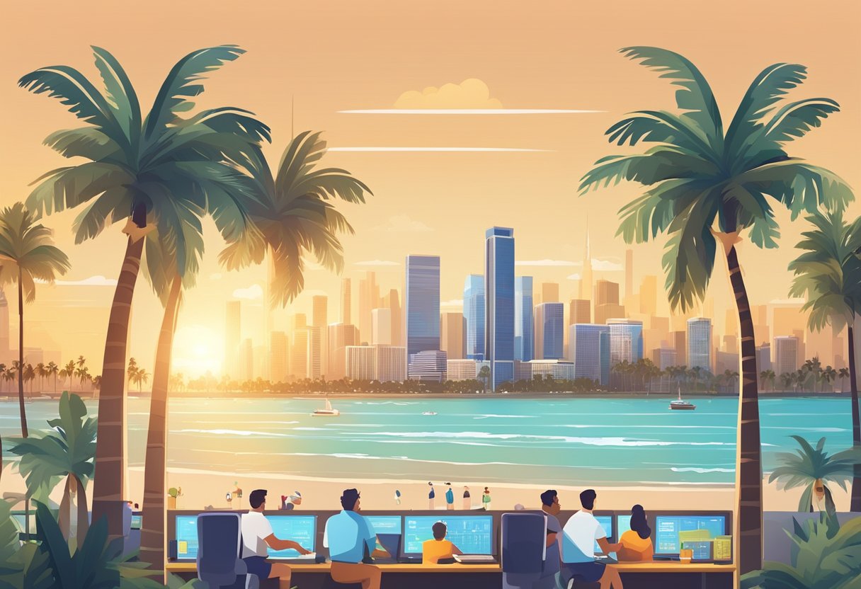 A bustling Florida city skyline with a digital interface displaying sports betting odds and statistics, surrounded by palm trees and a sunny beach backdrop