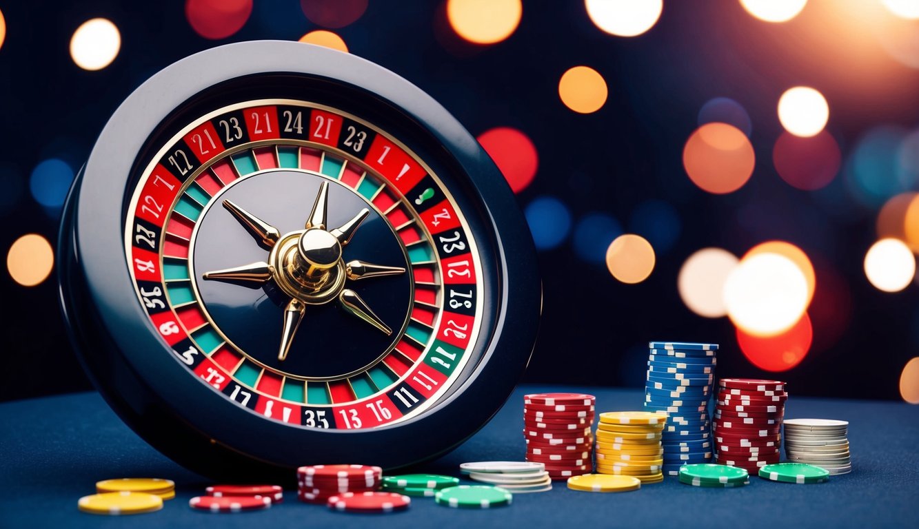 Roda roulette berputar dengan chip berwarna-warni tersebar di sekitarnya