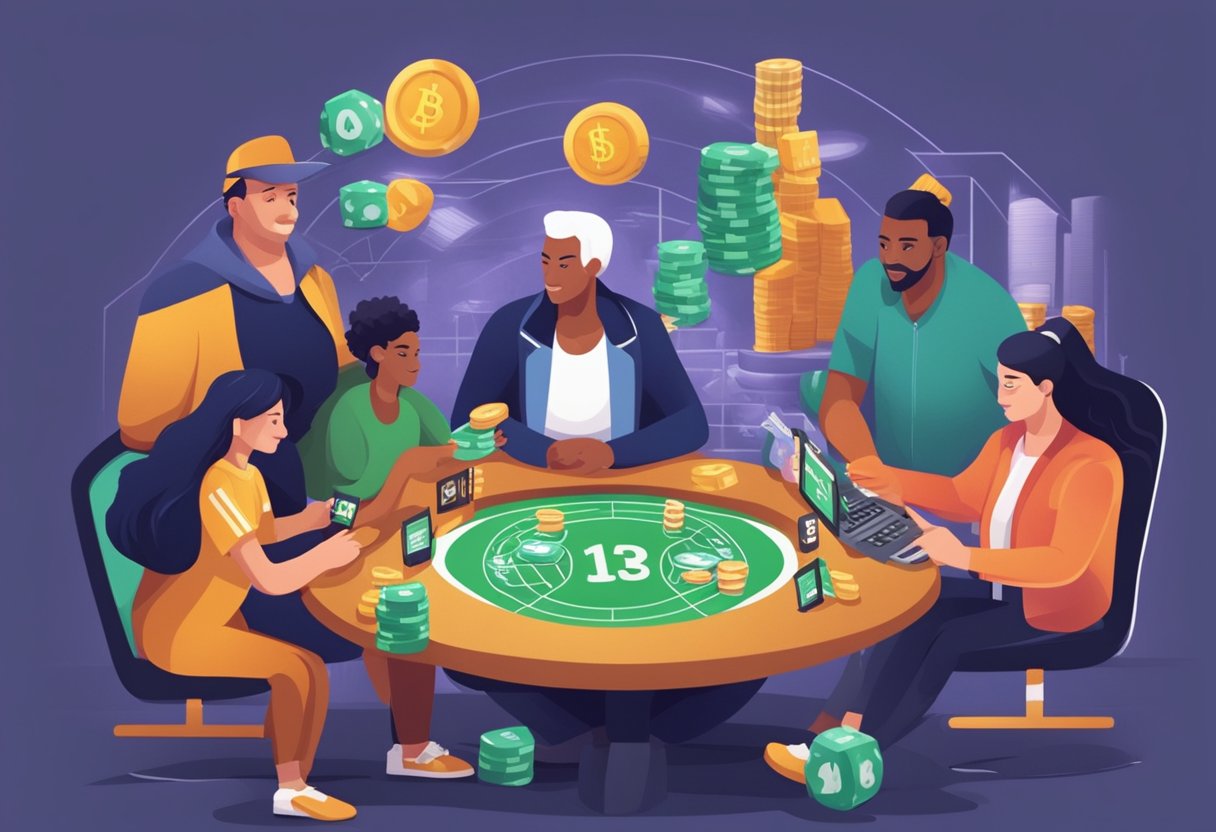 A diverse group of people engage in online sports betting, with a focus on responsible gambling. The scene depicts individuals of different ages and backgrounds participating in a safe and regulated environment