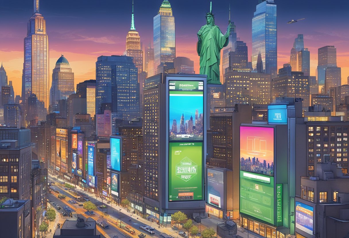 A bustling New York City skyline with digital sports betting platforms displayed on electronic billboards