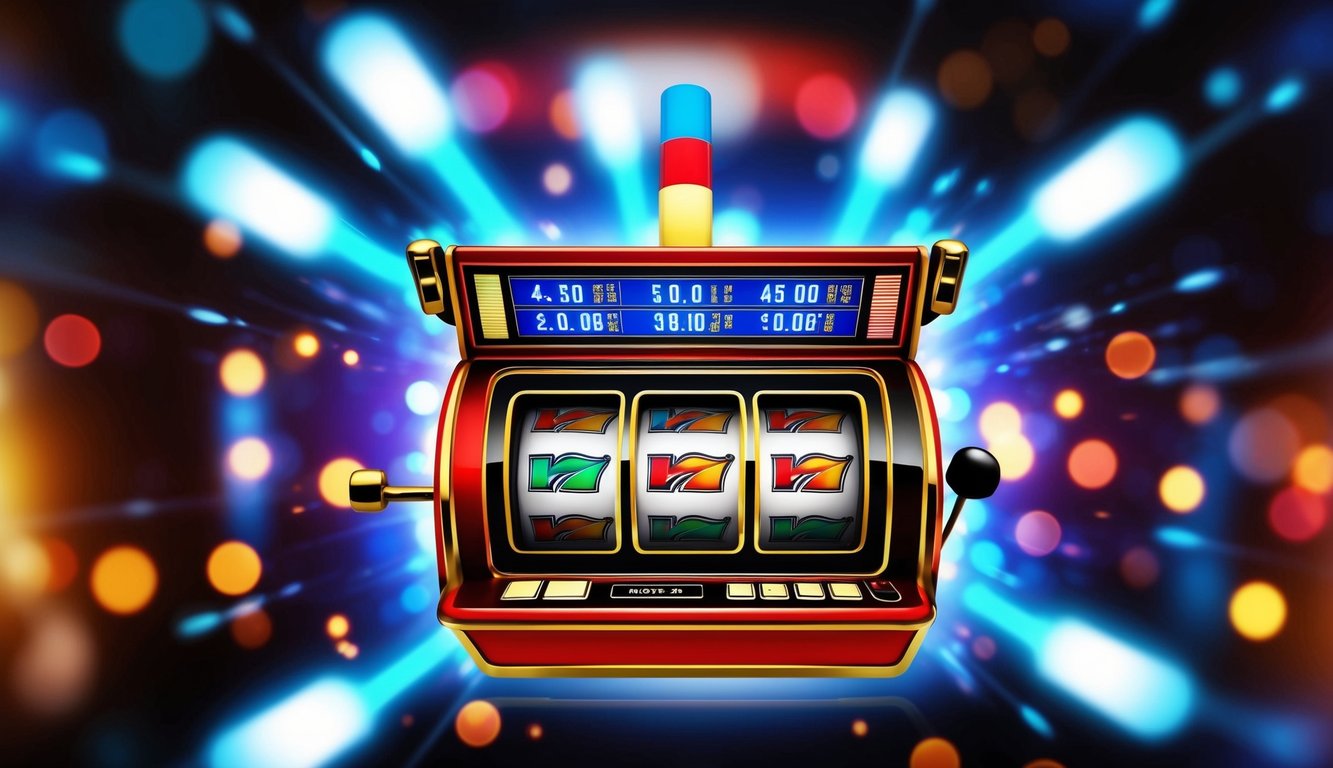 Mesin slot berwarna-warni dikelilingi oleh sinyal digital yang berdenyut