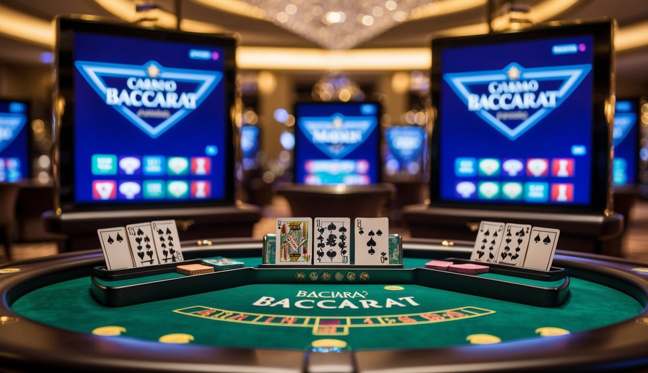 Sebuah meja baccarat yang ramping dan modern dengan layar digital dan kartu yang elegan, diletakkan di latar belakang kasino yang mewah