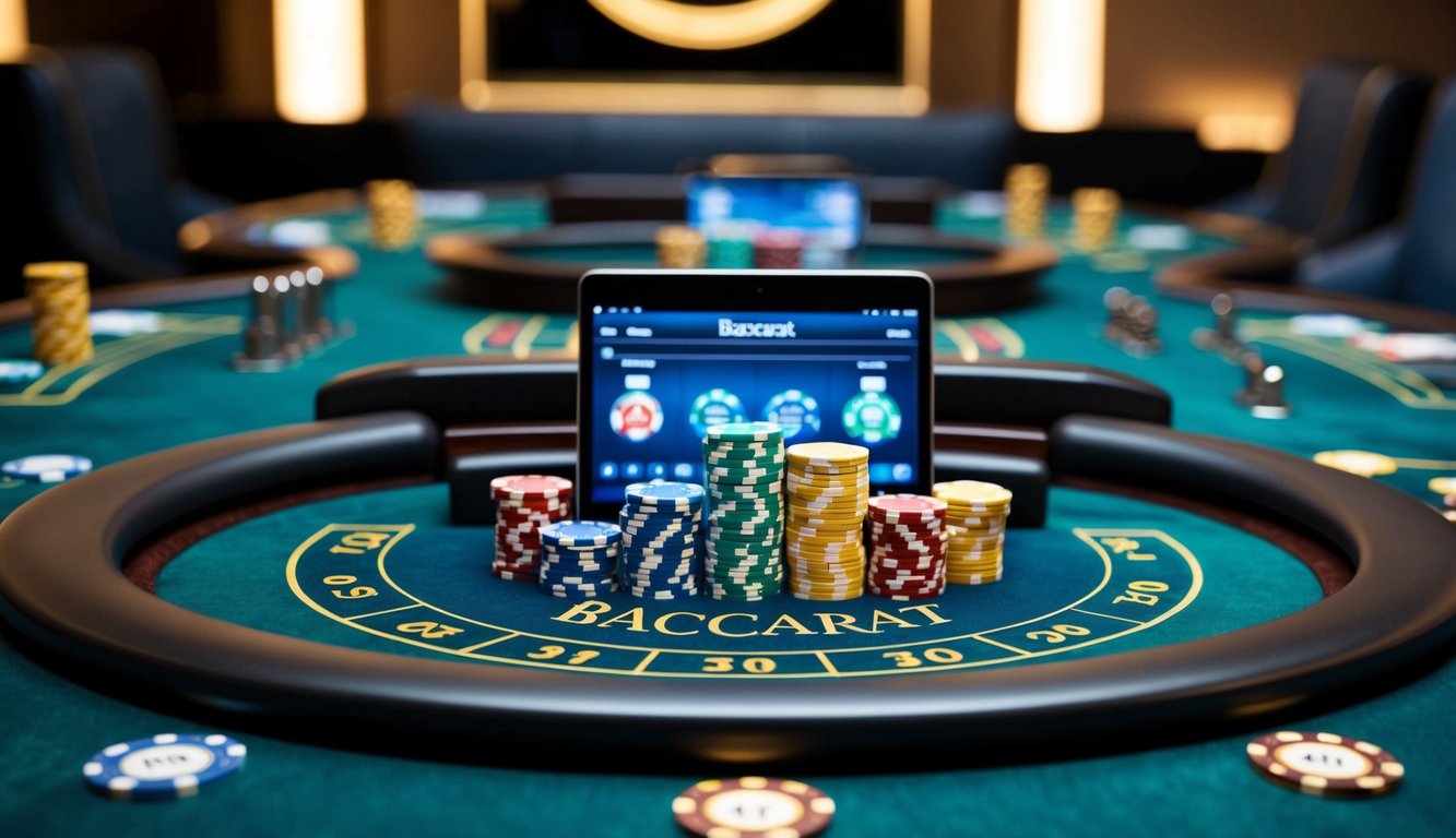 Sebuah meja baccarat online yang ramping dan modern dengan kartu dan chip virtual, dikelilingi oleh lingkungan permainan yang canggih dan mewah.