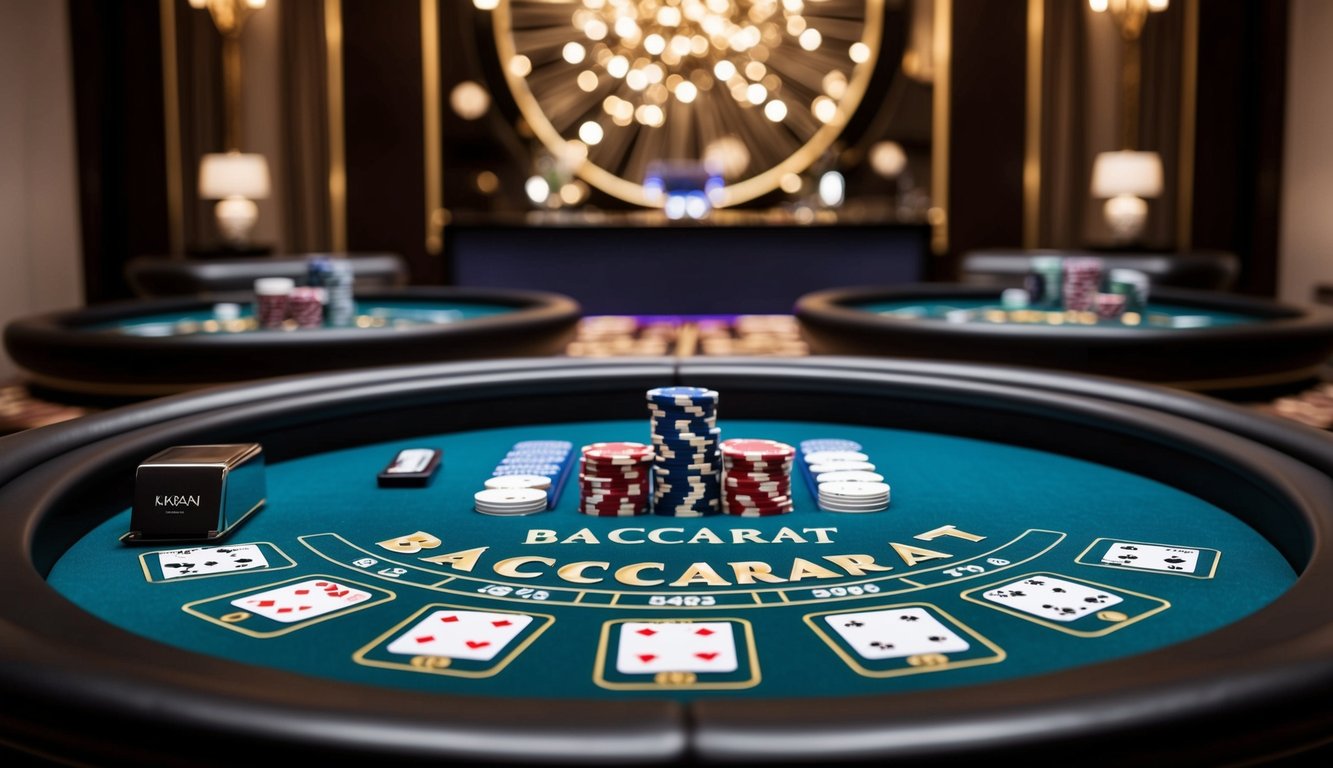 Sebuah meja baccarat online yang ramping dengan kartu dan chip virtual, dikelilingi latar belakang mewah dengan pencahayaan elegan dan suasana yang canggih