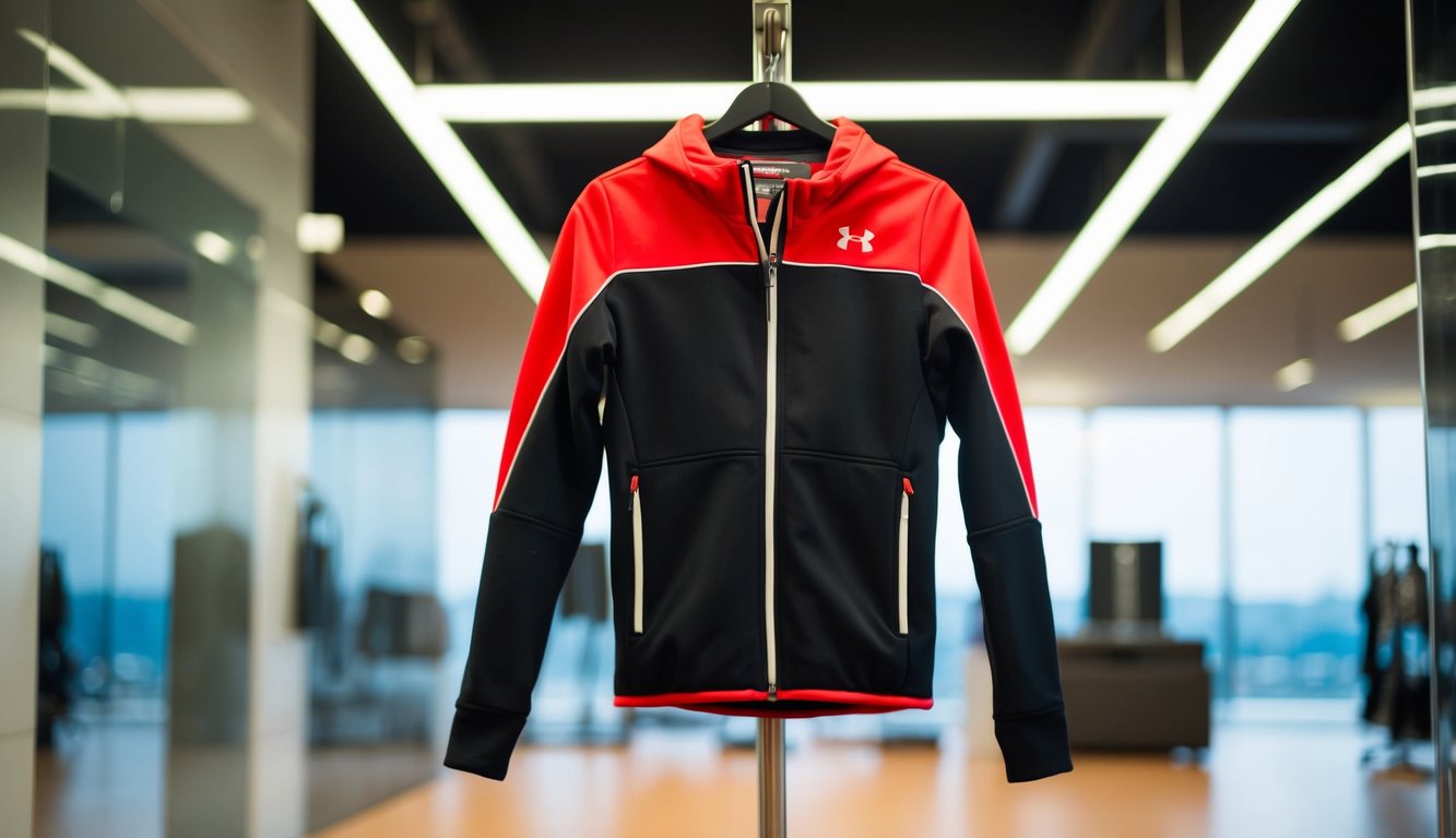 Jaket Under Armour merah dan hitam yang cerah tergantung di gantungan mantel yang ramping dan modern