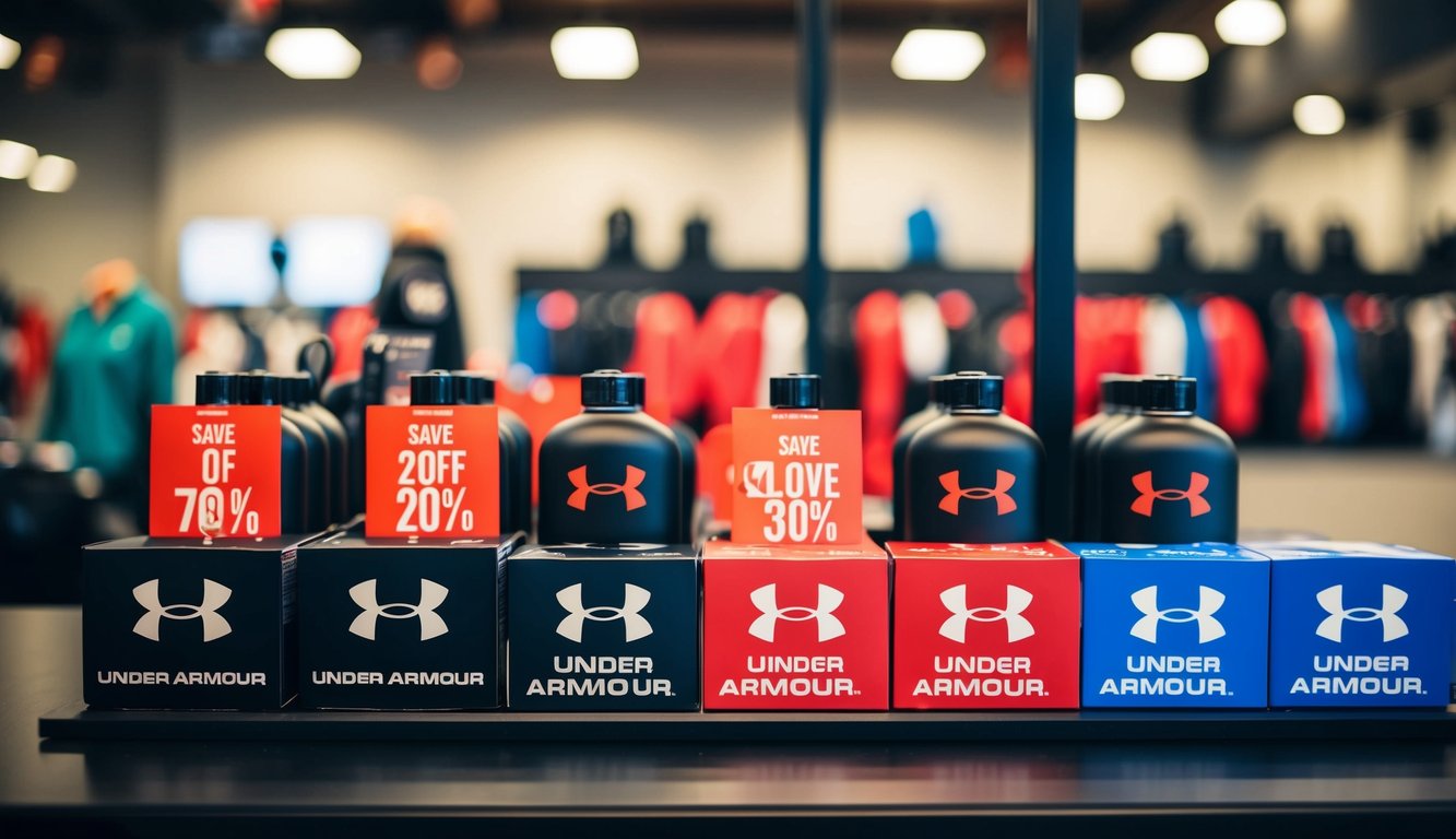 Sejajar produk Under Armour yang dipajang dengan tanda diskon