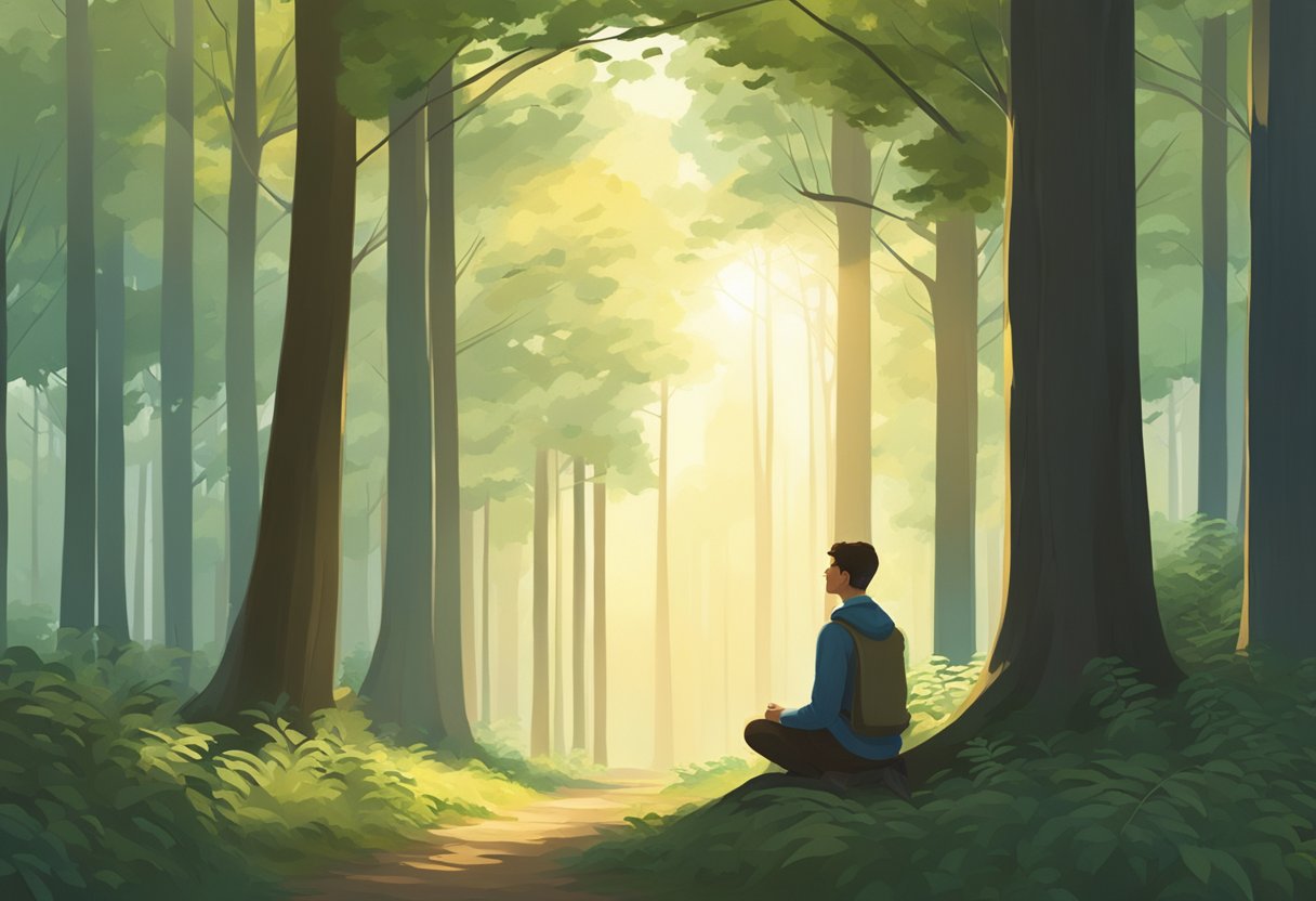 A lone figure sits in a tranquil forest clearing, surrounded by towering trees and the soft glow of sunlight filtering through the leaves