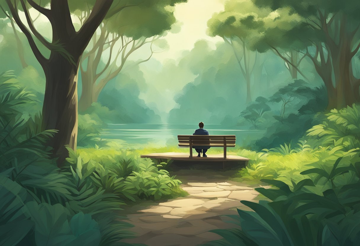 A lone figure sits in a tranquil, natural setting surrounded by lush greenery and wildlife, disconnected from the outside world