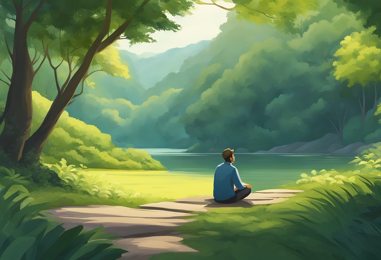 A solitary figure sits in a tranquil, natural setting, surrounded by lush greenery and a sense of peaceful isolation