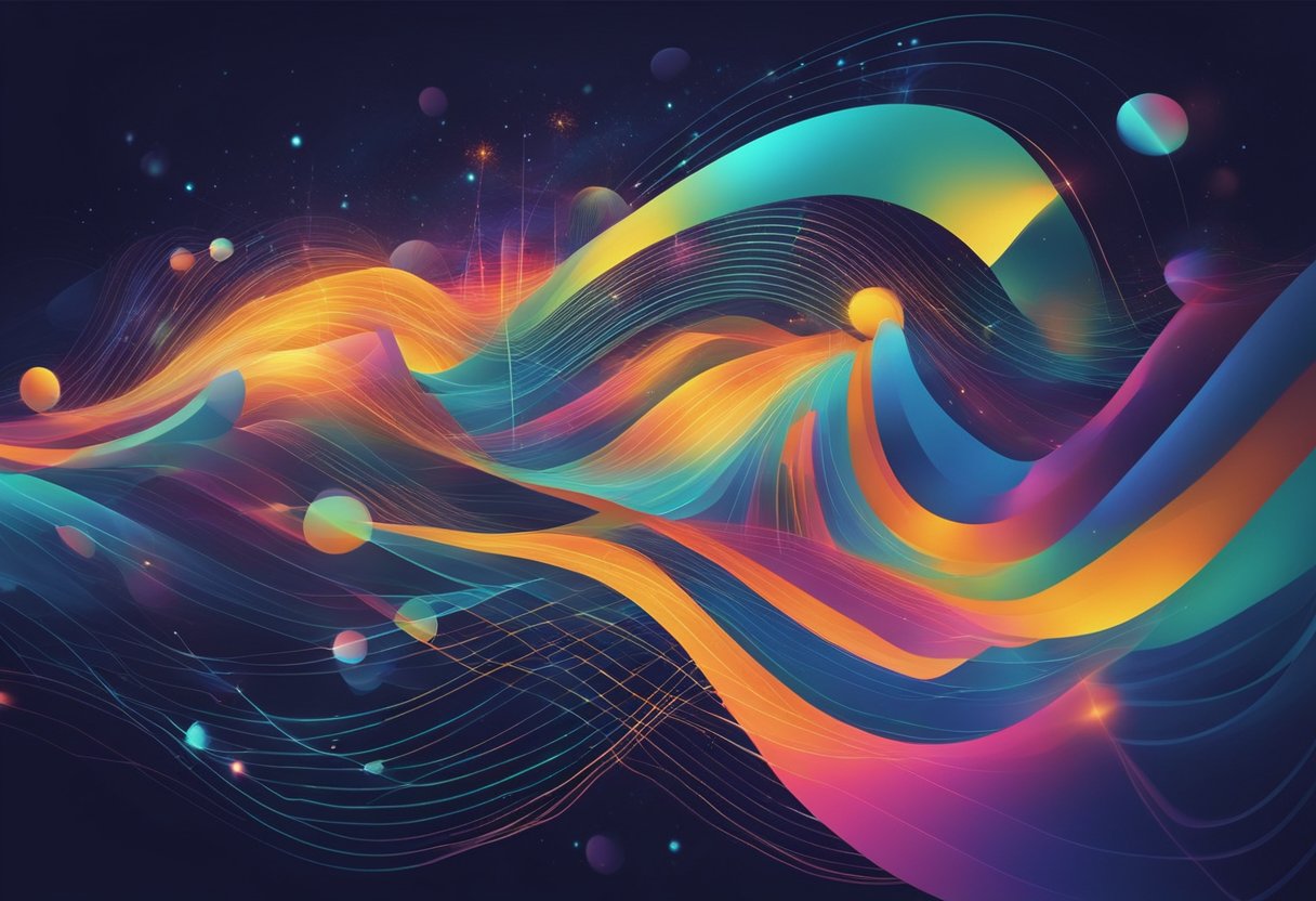 Vibrant sound waves interweaving with colorful abstract shapes and technological elements, creating a dynamic and interconnected visual representation of the universe's sonic blueprint