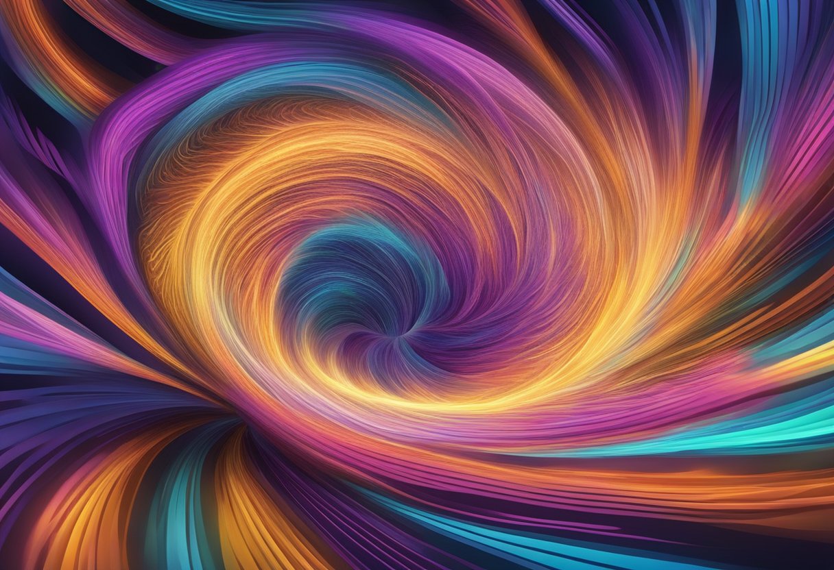 A vibrant, swirling vortex of sound waves emanating from a central point, creating intricate patterns and shapes that seem to pulse with energy and meaning