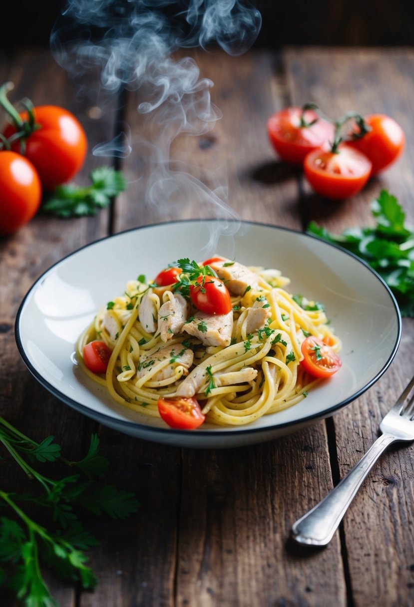 A steaming plate of chicken pasta with herbs and tomatoes on a rustic wooden table