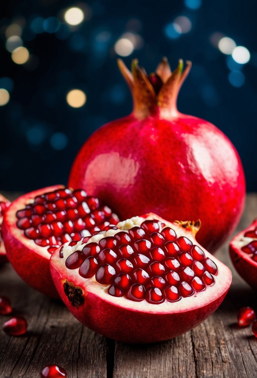 A vibrant pomegranate split open, revealing juicy red seeds against a dark background