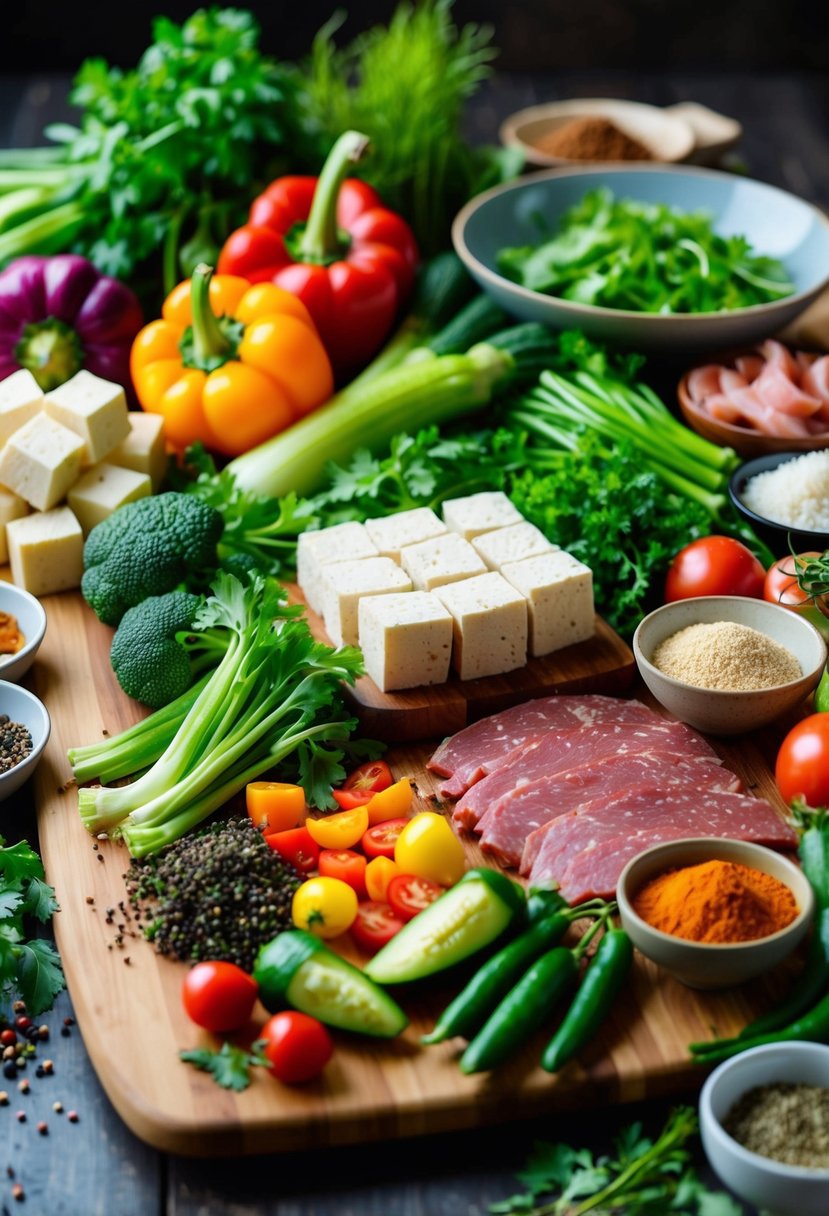 A colorful array of fresh vegetables, tofu, and various meats arranged on a wooden cutting board, surrounded by herbs and spices