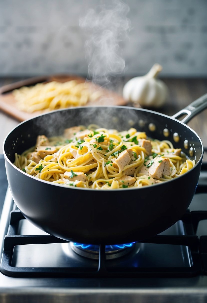 A pot of creamy garlic chicken pasta simmering on a stovetop. Ingredients like chicken, pasta, and garlic are visible