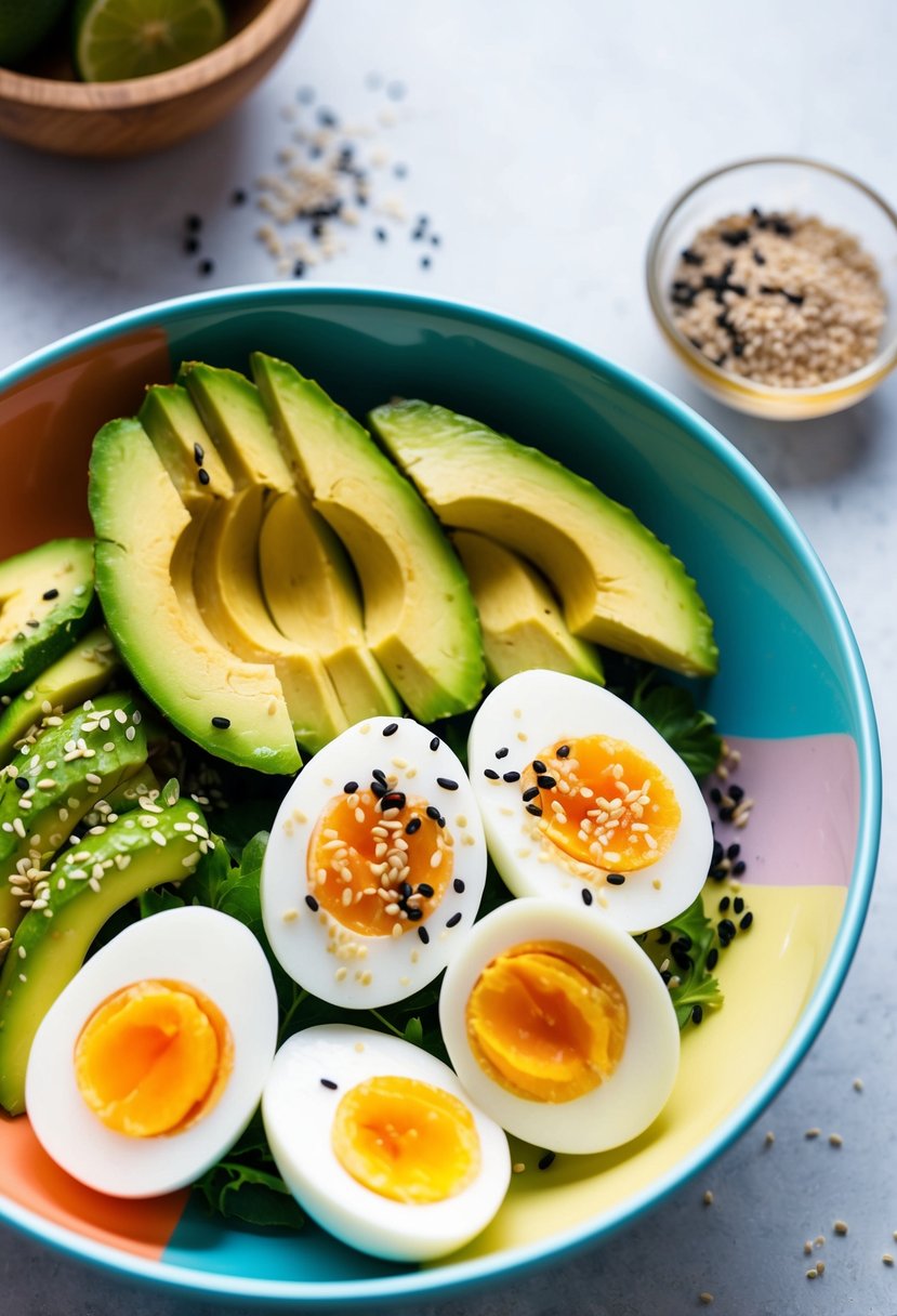 A colorful breakfast bowl with sliced avocado, halved boiled eggs, and sprinkled with sesame seeds and black pepper