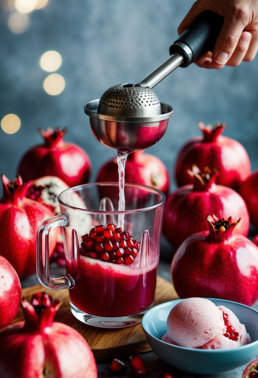 A vibrant pomegranate being juiced with a handheld juicer, surrounded by fresh pomegranates and a bowl of sorbet