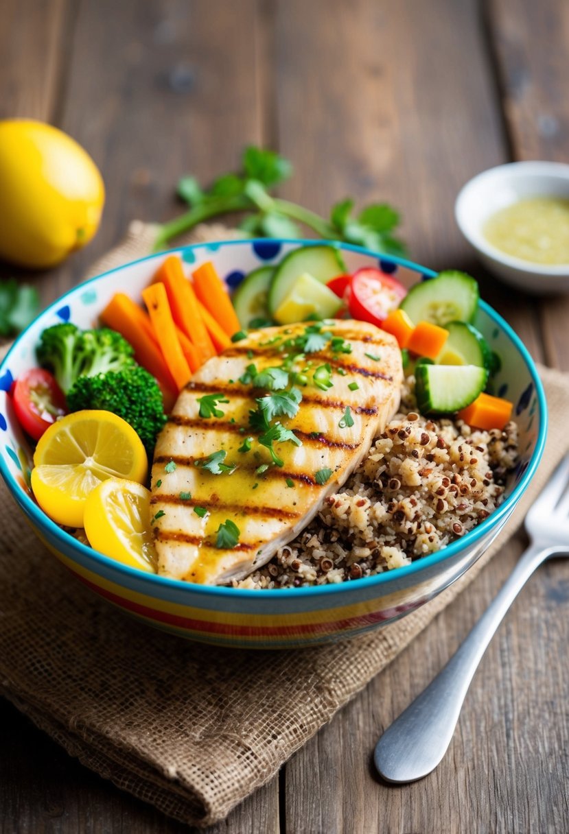 A colorful bowl filled with grilled chicken breast, quinoa, and fresh vegetables, drizzled with a light vinaigrette, sitting on a rustic wooden table