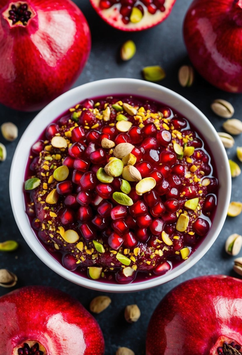 A bowl of vibrant pomegranate salsa topped with crushed pistachios, surrounded by fresh pomegranates and pistachio shells