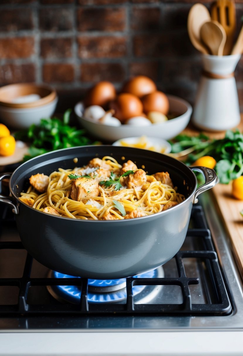 A rustic kitchen with a pot of bubbling Tuscan chicken pasta on a stovetop, surrounded by fresh ingredients and a warm, inviting ambiance