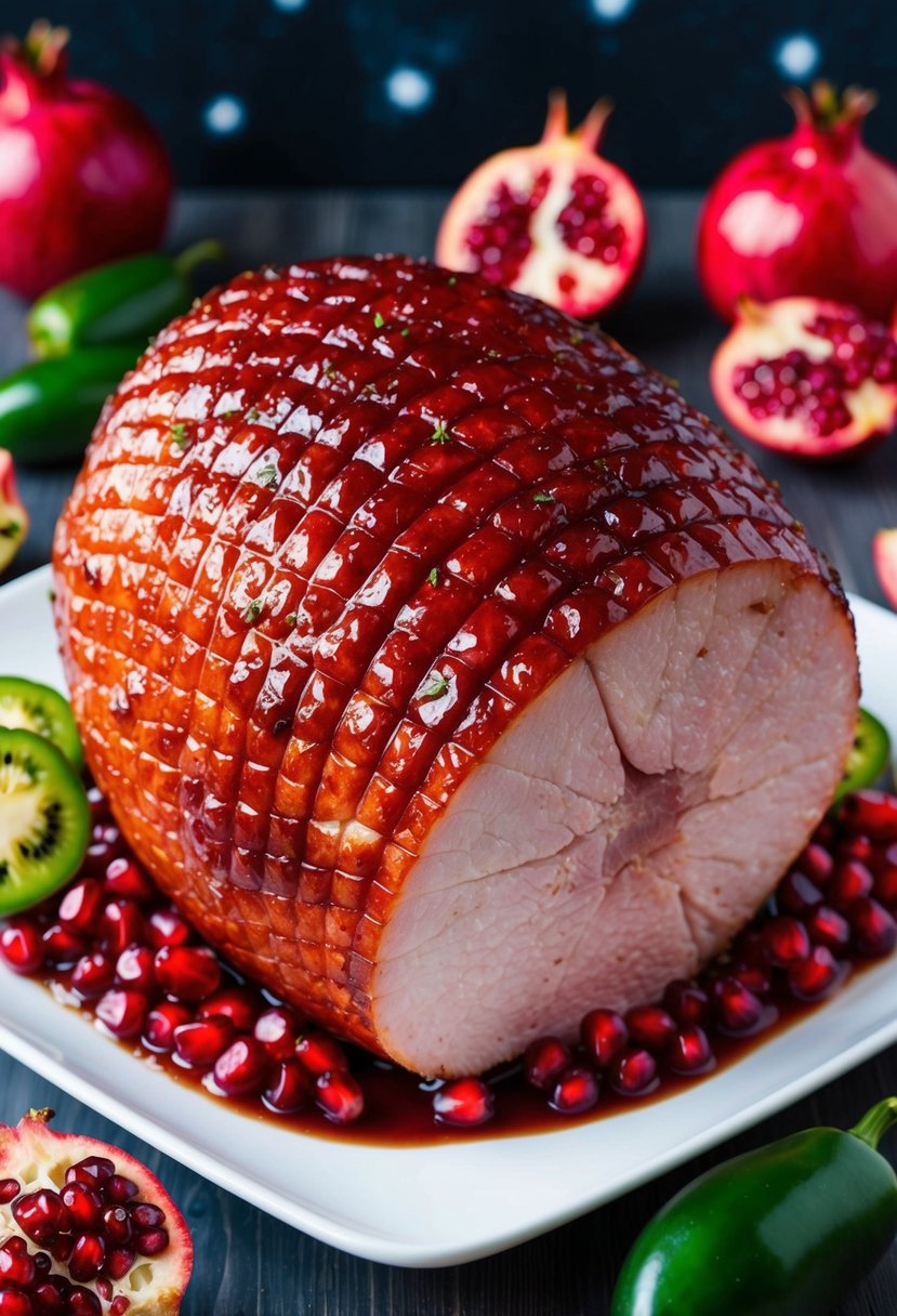 A succulent ham coated in a glossy, deep red pomegranate-jalapeño glaze, surrounded by fresh pomegranates and jalapeños