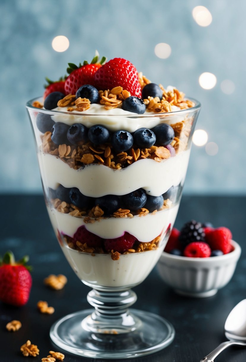 A glass parfait dish filled with layers of Greek yogurt, granola, and fresh mixed berries