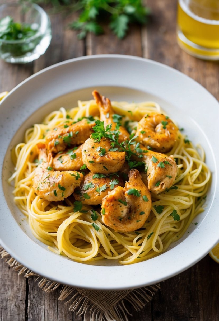 A steaming plate of Chicken Scampi with Angel Hair pasta, garnished with fresh herbs and served on a rustic wooden table