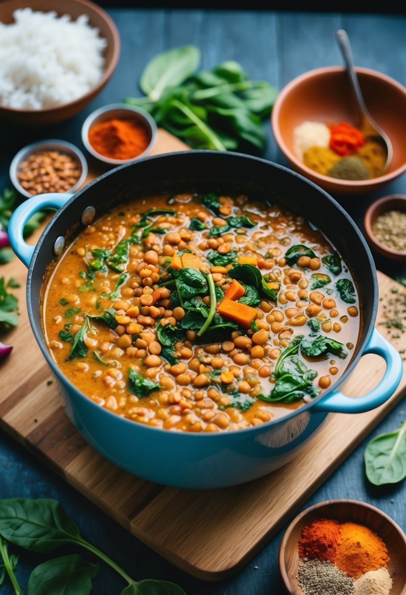 A bubbling pot of red lentil curry with spinach, surrounded by colorful spices and fresh ingredients on a wooden cutting board